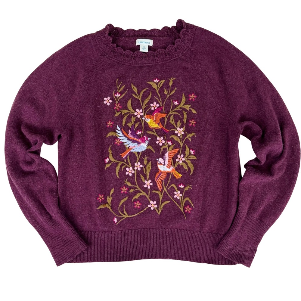 Sundance Birds of Beauty Embroidered Sweater M Recycled Wool Blend Burgundy